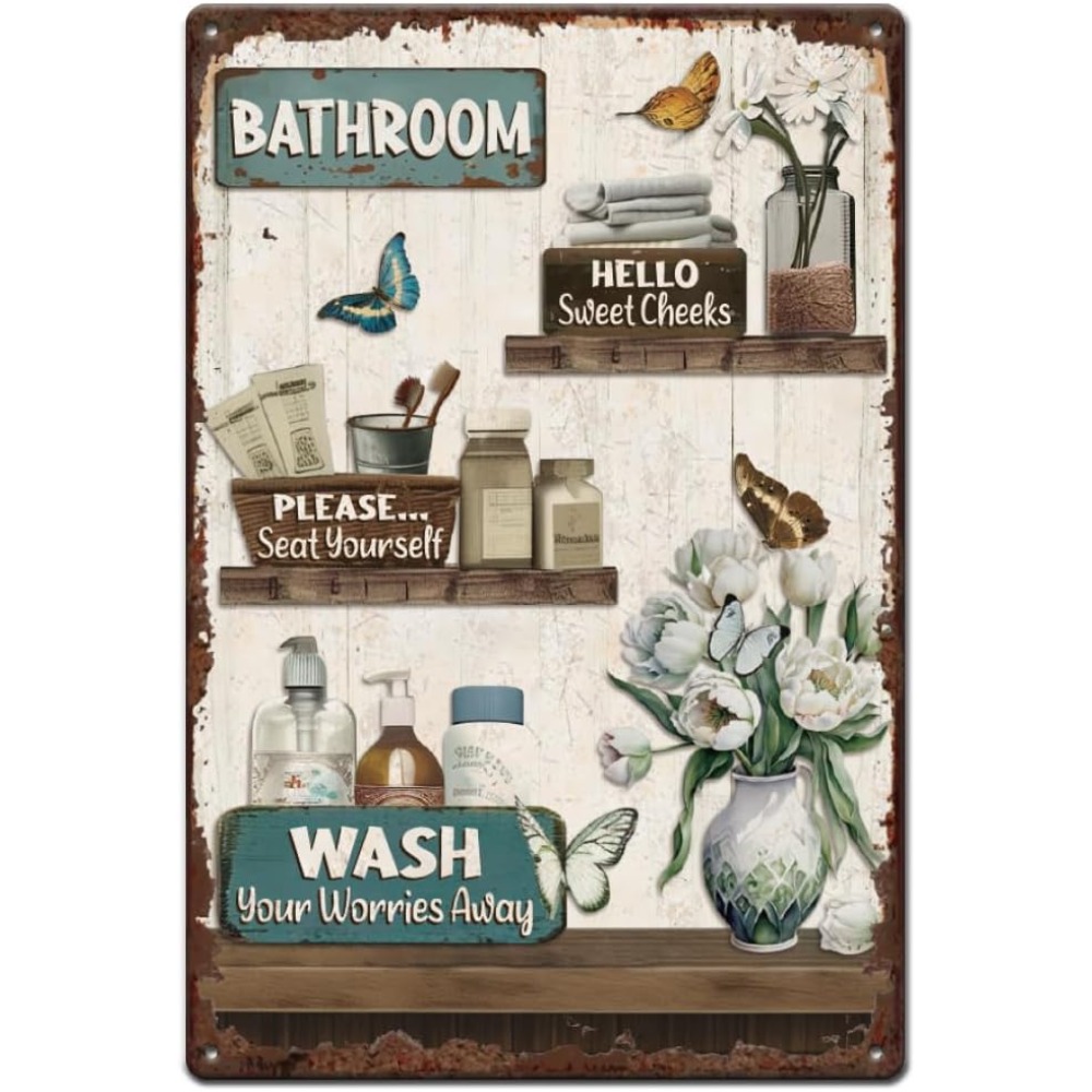 Home Bathroom Wall Art - Letreros de metal florales vintage para