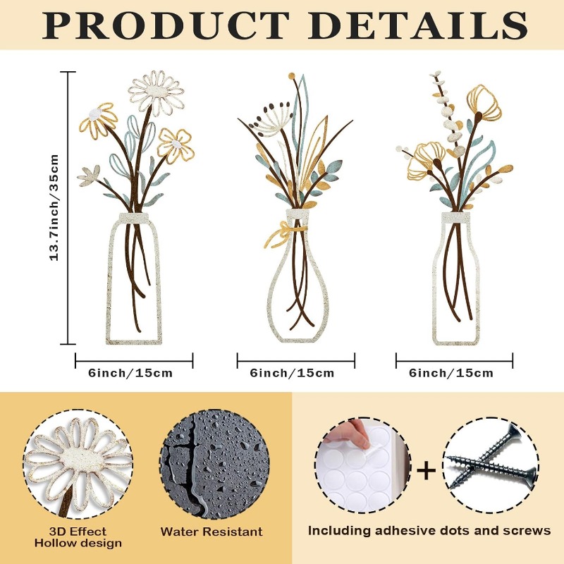 3 piezas de flores de metal pa - Home Bathroom Wall Art reseña y precio